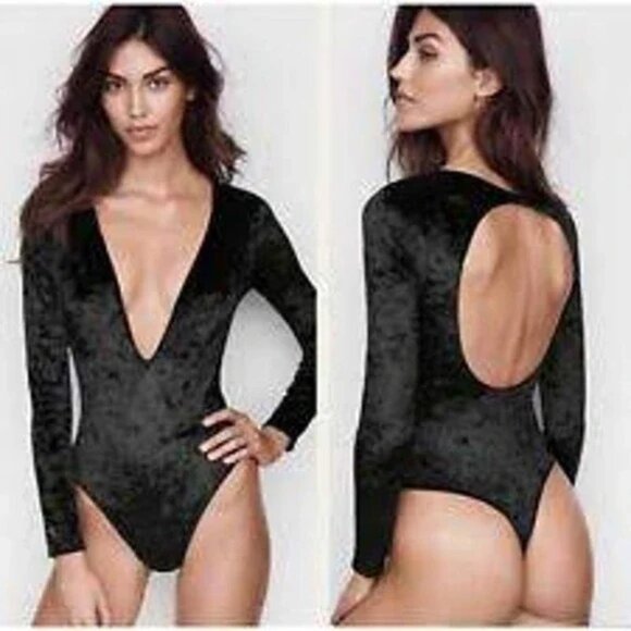 NWT Victoria's Secret size M/L black velvet deep v neck thong open back bodysuit - Picture 5 of 5